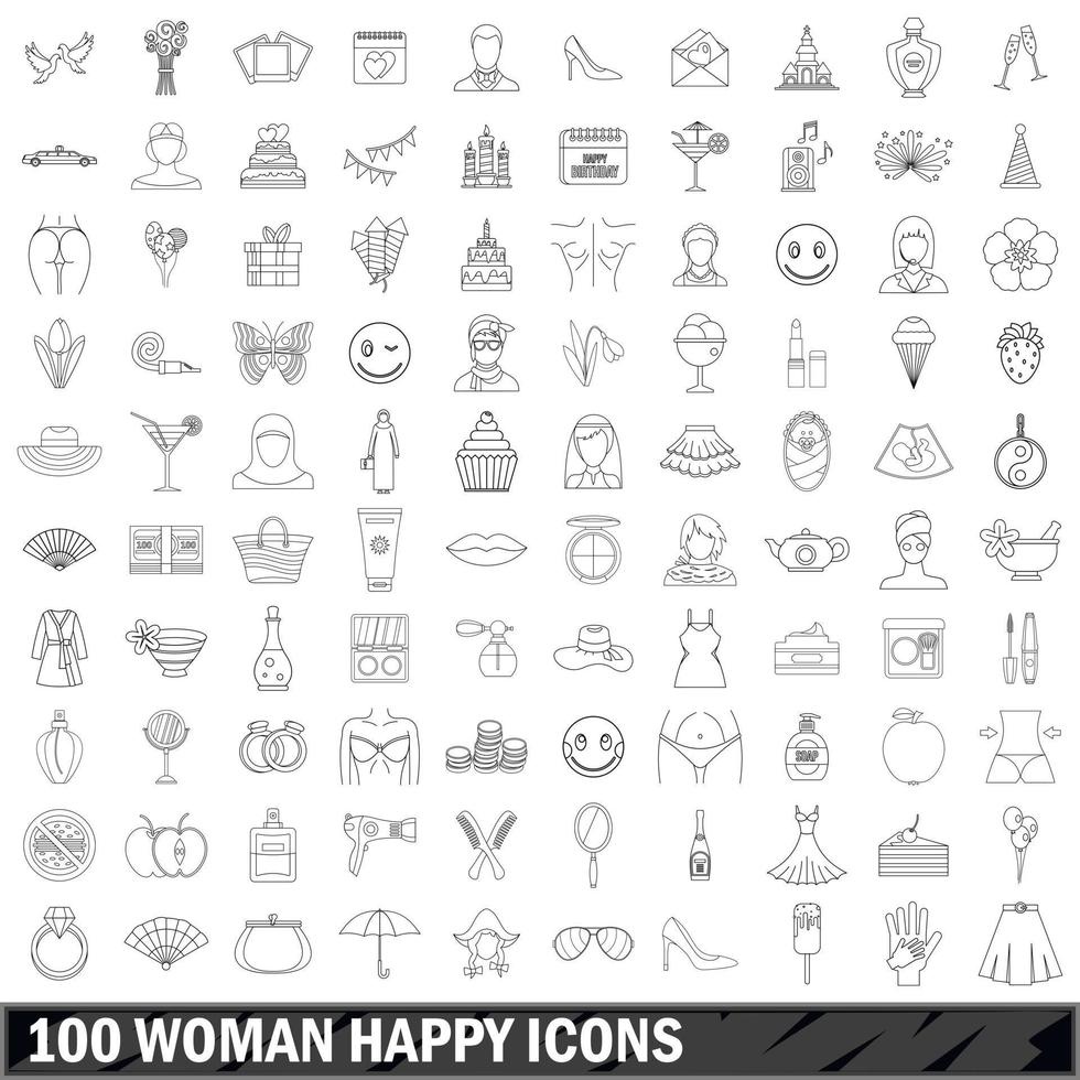 100 mujer feliz conjunto de iconos, estilo de contorno vector