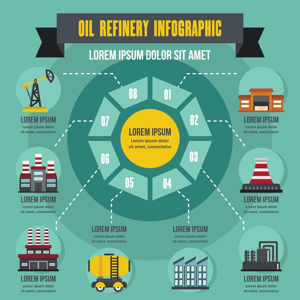 concepto infográfico de refinería de petróleo, estilo plano vector