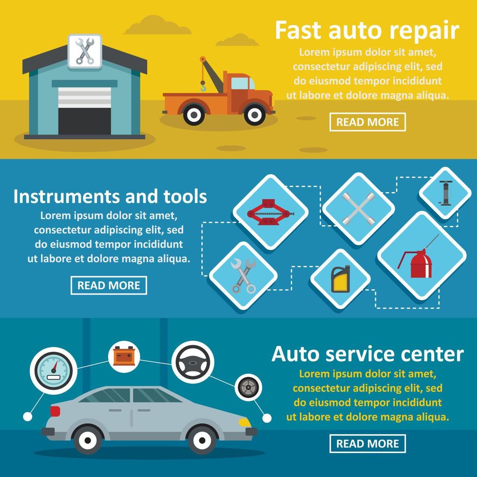 Auto car repair banner horizontal set, flat style vector