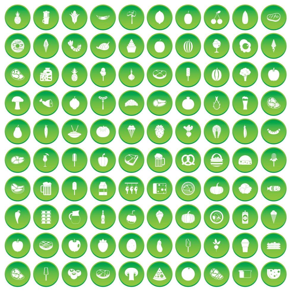 100 food icons set green circle vector