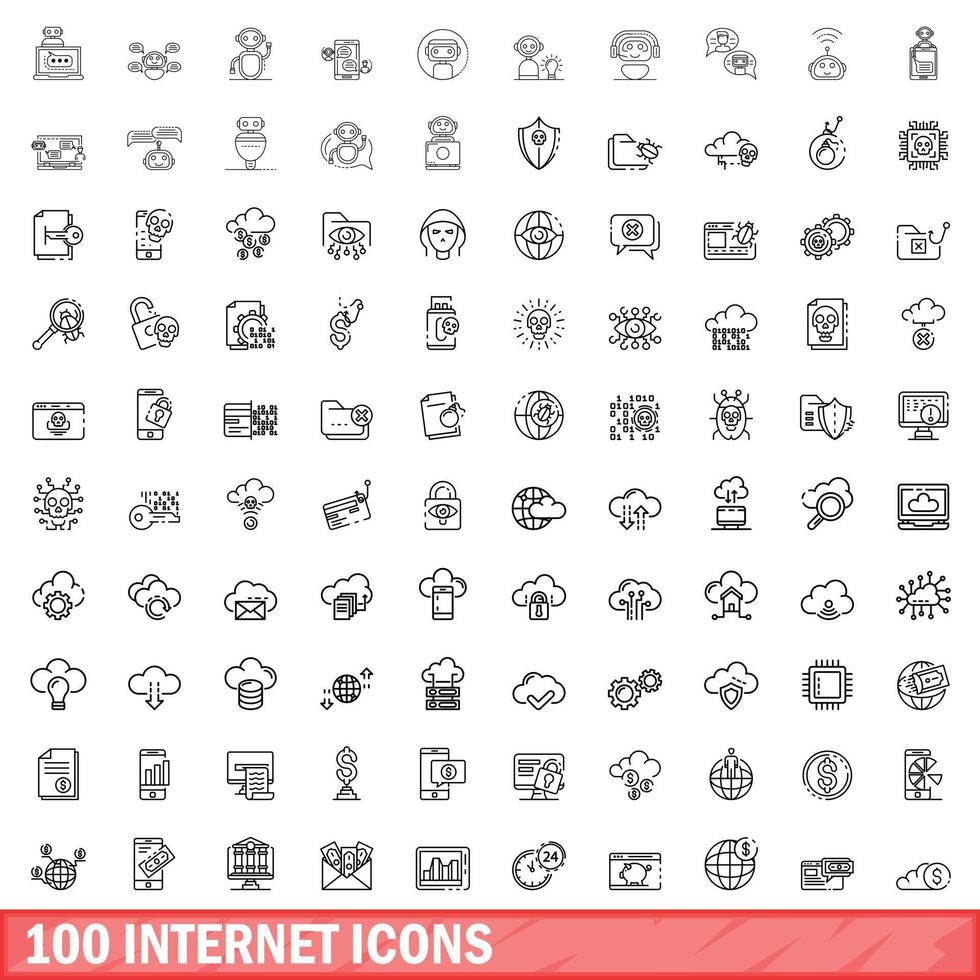 100 internet icons set, outline style vector