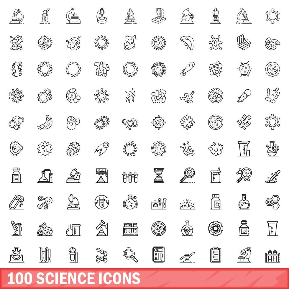 100 science icons set, outline style vector