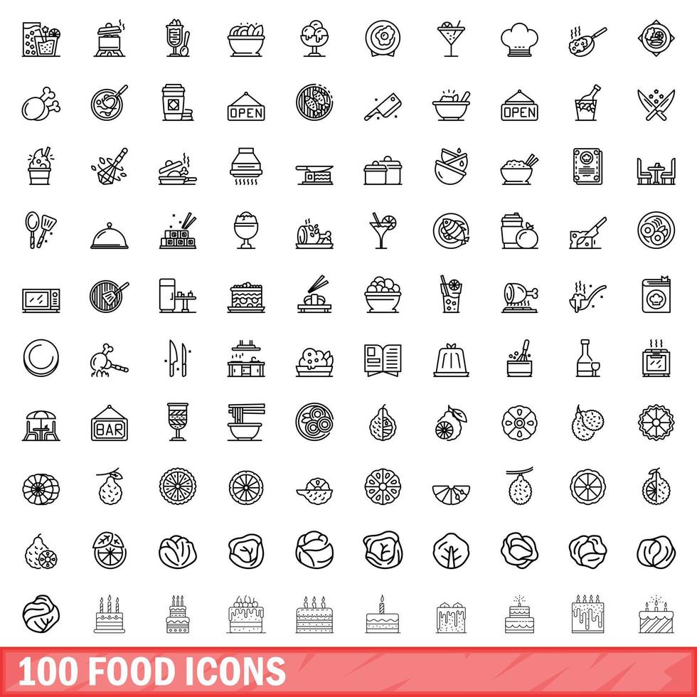 100 food icons set, outline style vector
