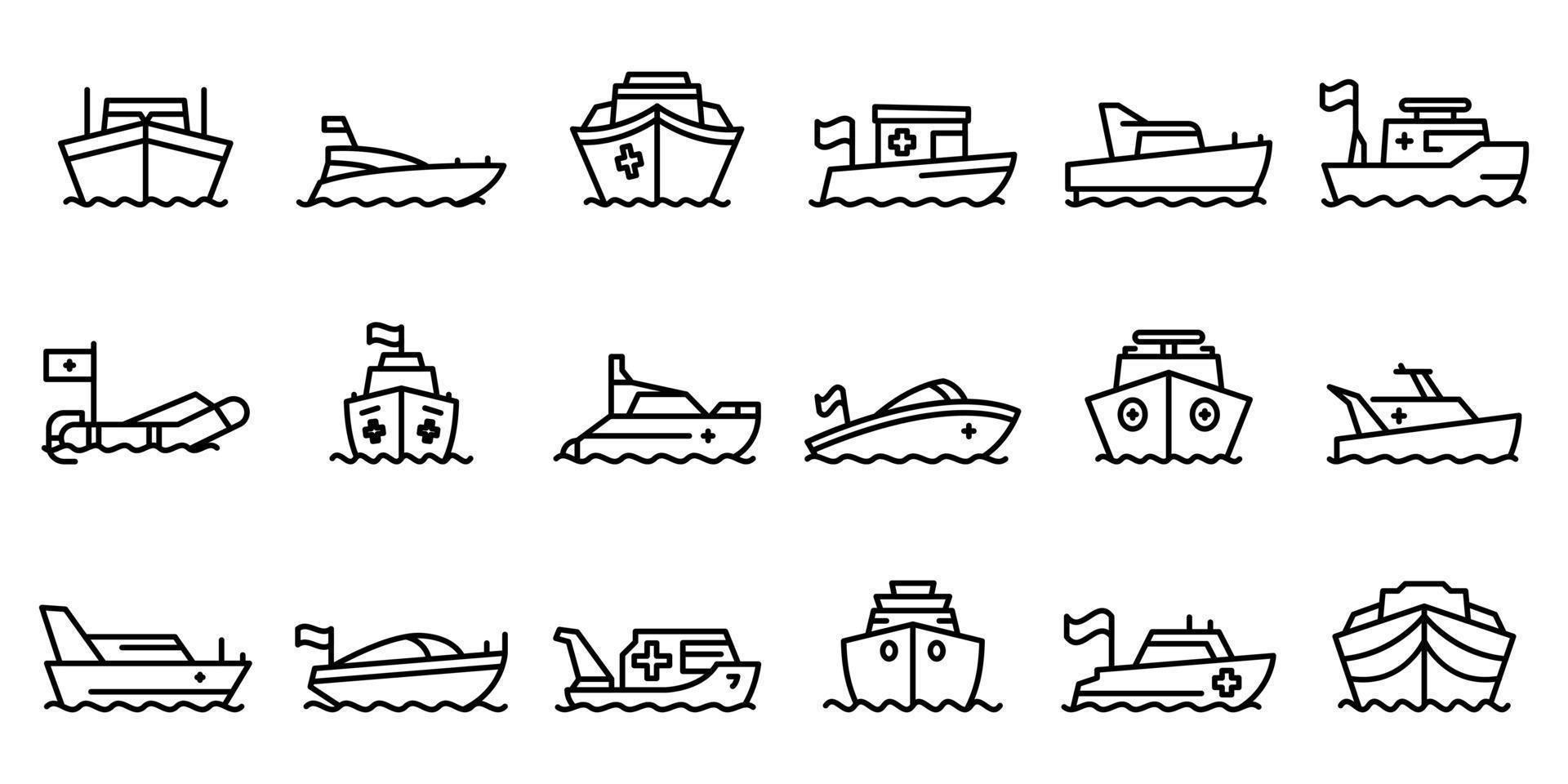 Rescue boat icons set, outline style vector