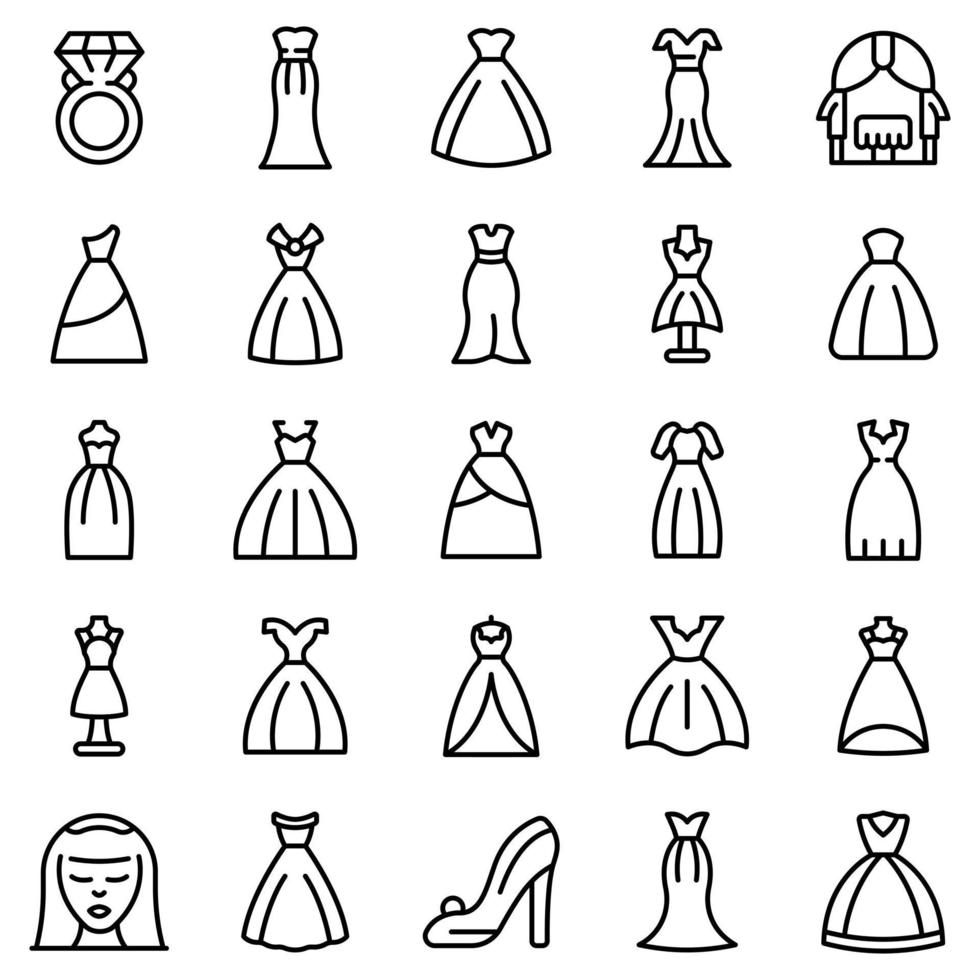 conjunto de iconos de vestido de novia, estilo de esquema vector