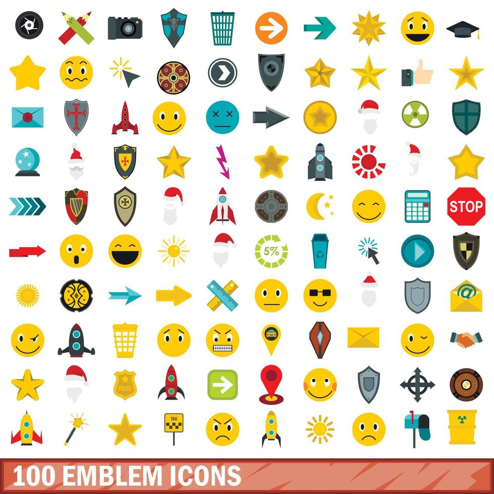 100 emblem icons set, flat style vector