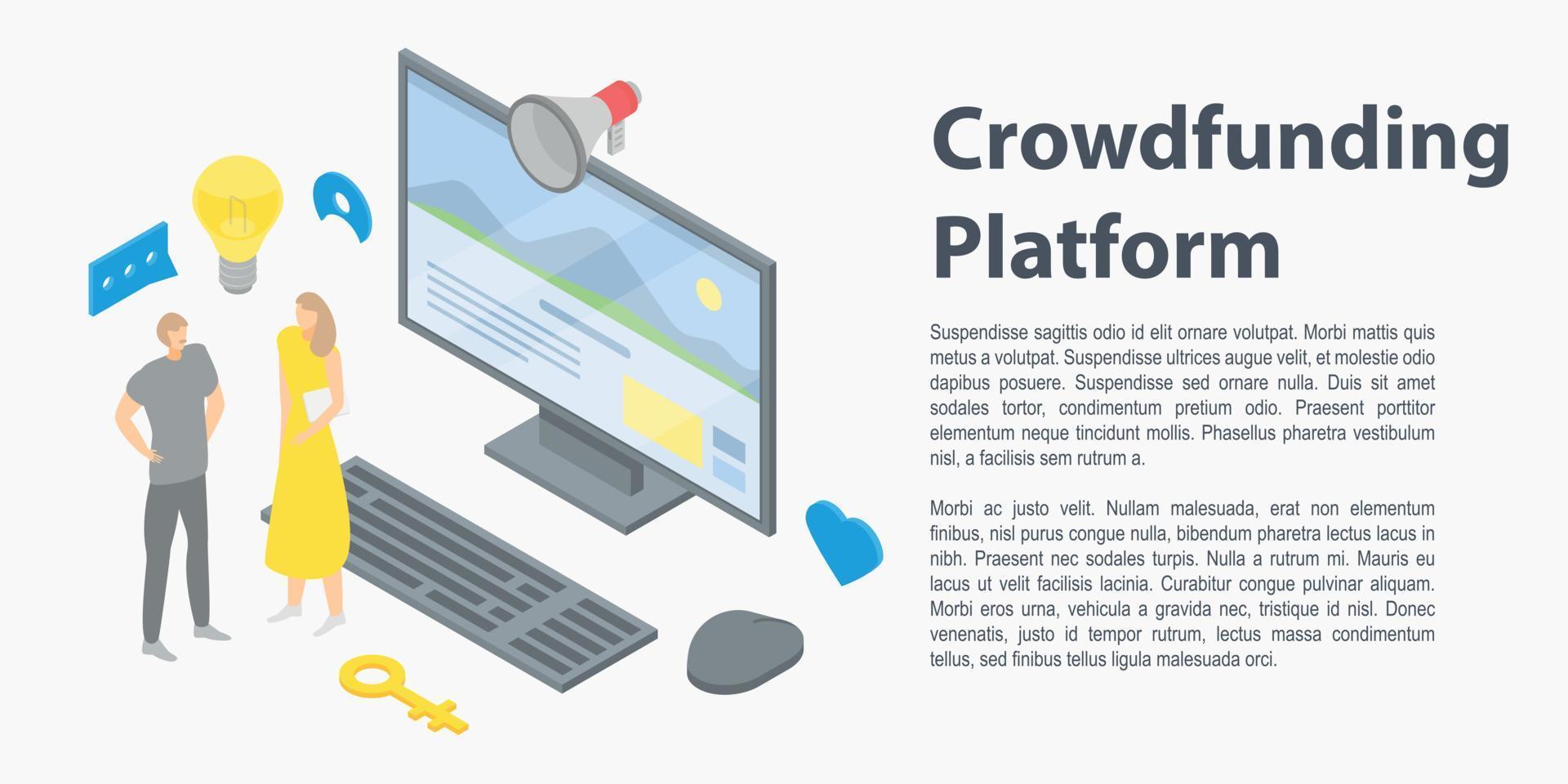 Crowdfunding platform concept banner, isometric style vector