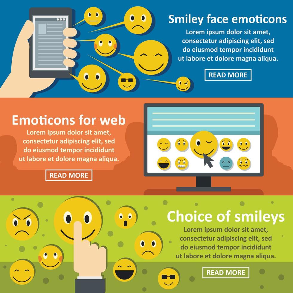 Smile emotions banner horizontal set, flat style vector
