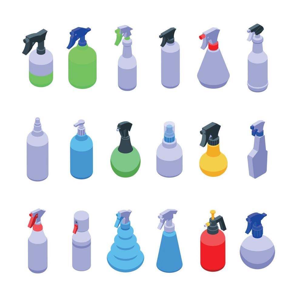 iconos de botella de spray establecer vector isométrico. limpieza del rociador