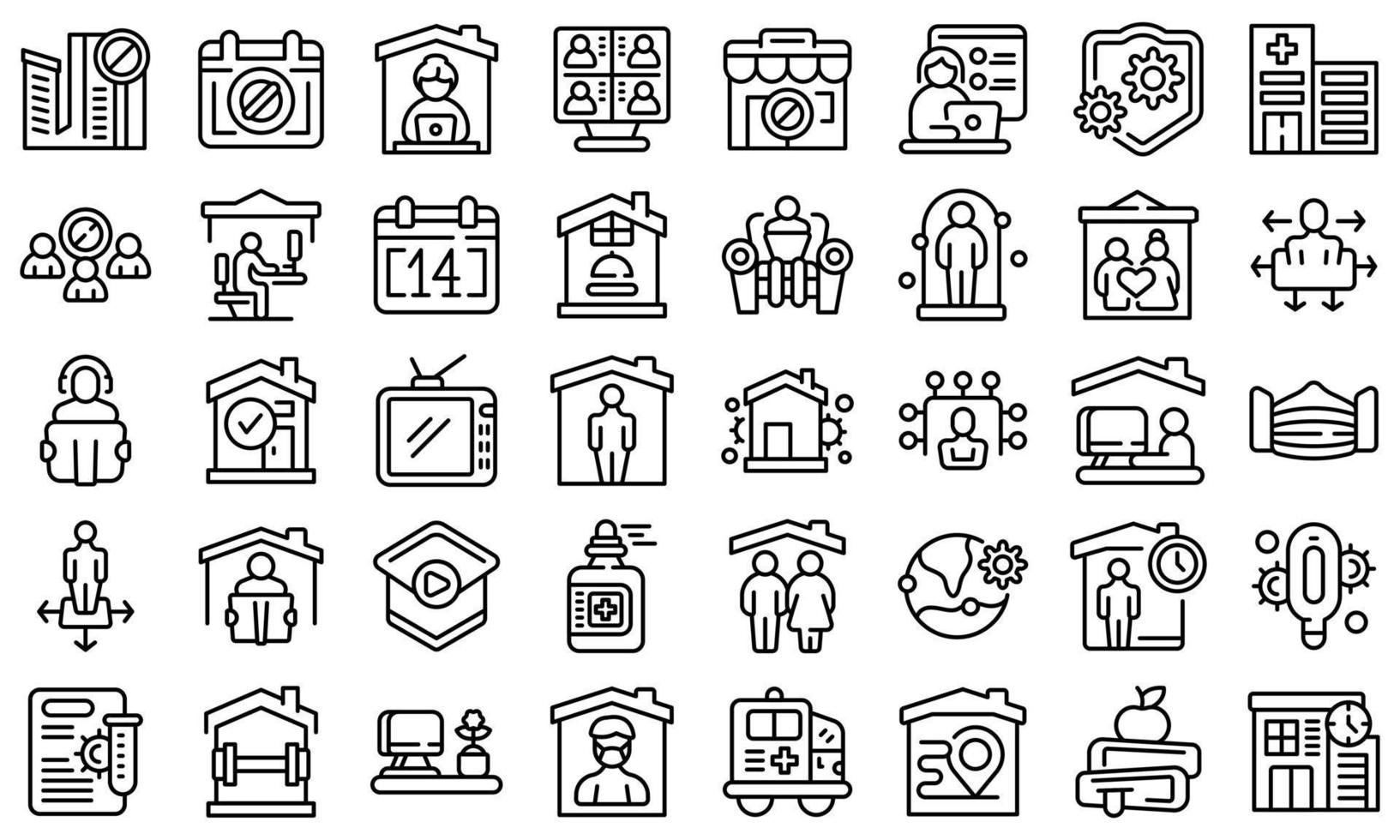 Self isolation icons set outline vector. Home house vector