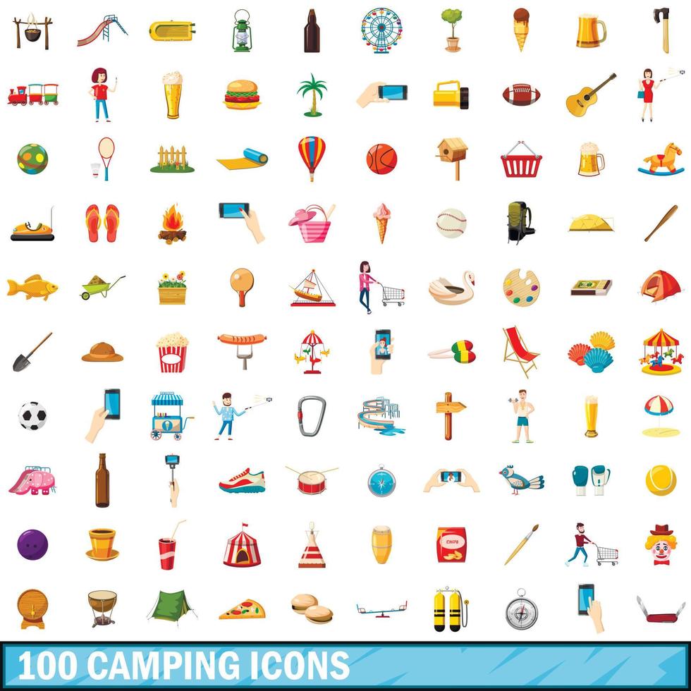 100 camping icons set, cartoon style vector