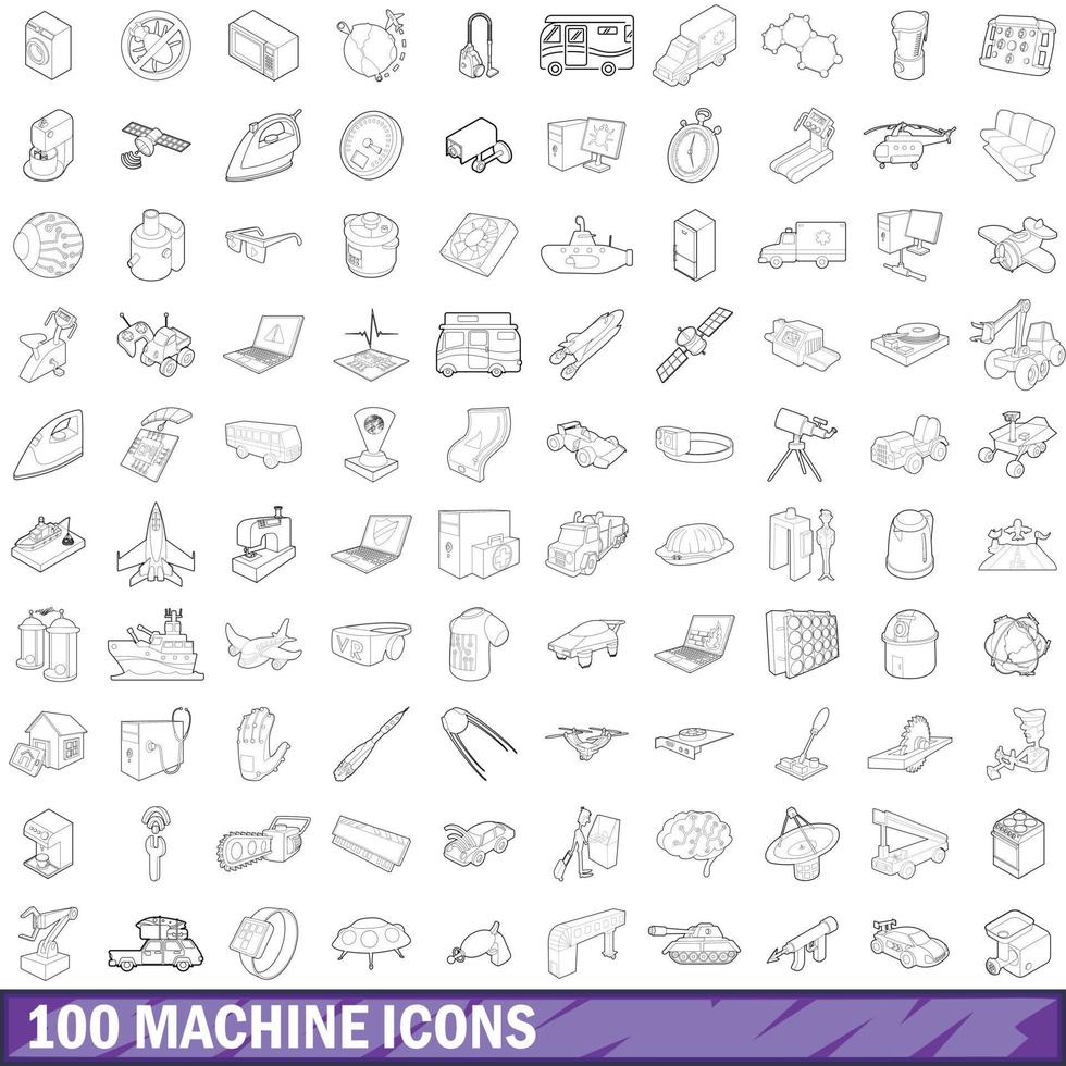100 machine icons set, outline style vector
