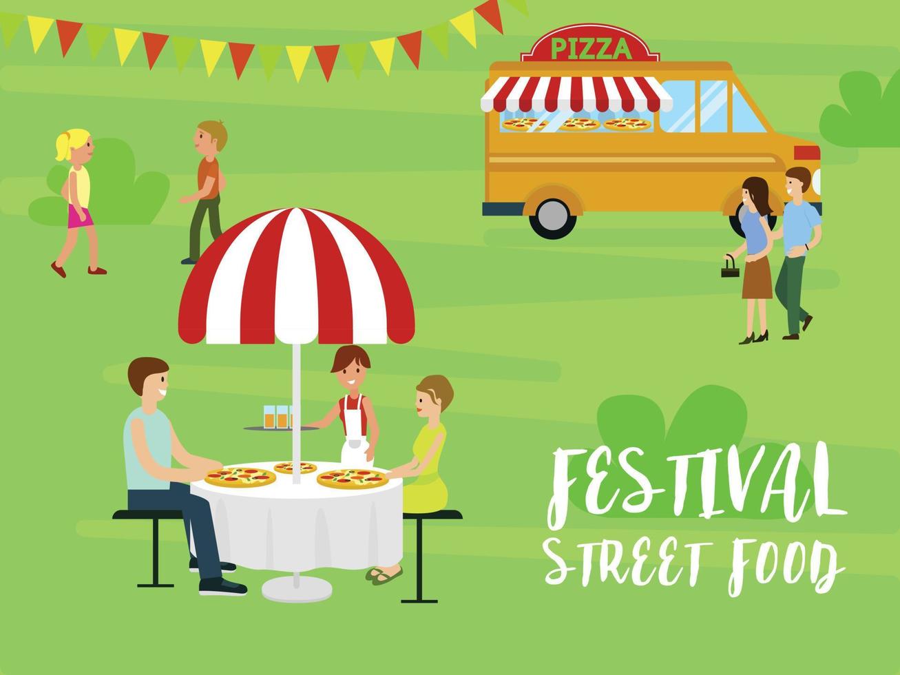 Family street food festival background, flat style vector