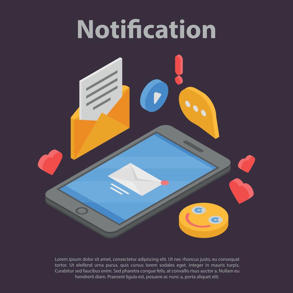 Smartphone notification concept banner, isometric style vector