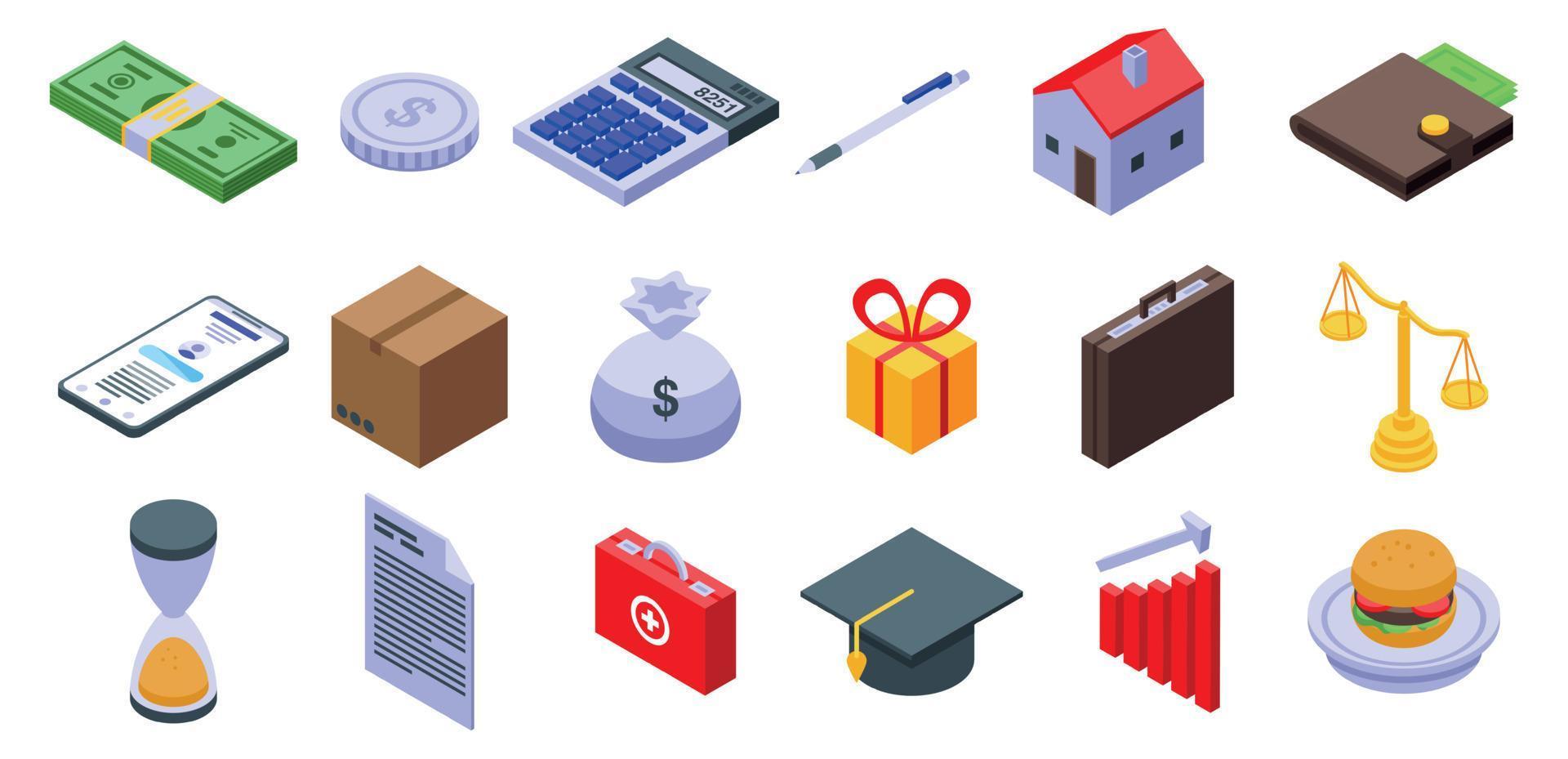 Subsidy icons set, isometric style vector