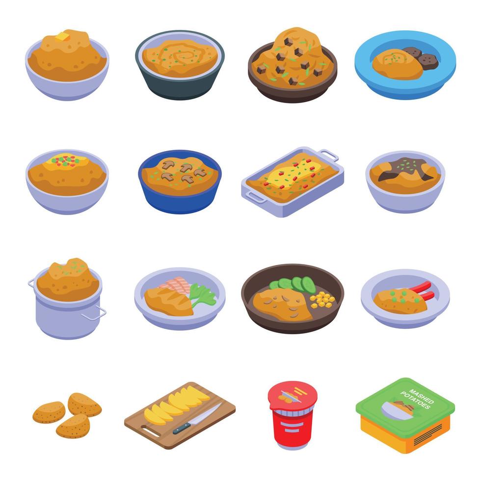 Mashed potatoes icons set, isometric style vector