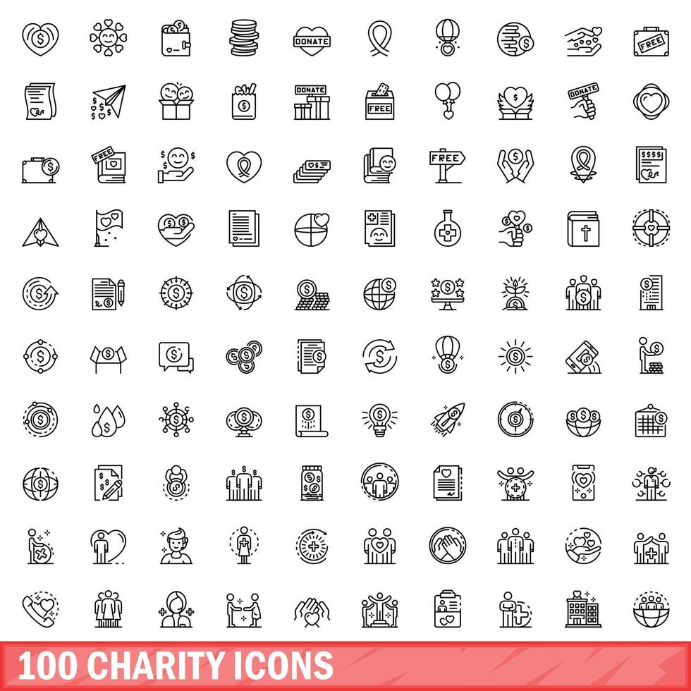100 charity icons set, outline style vector