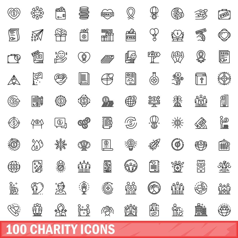 100 charity icons set, outline style vector