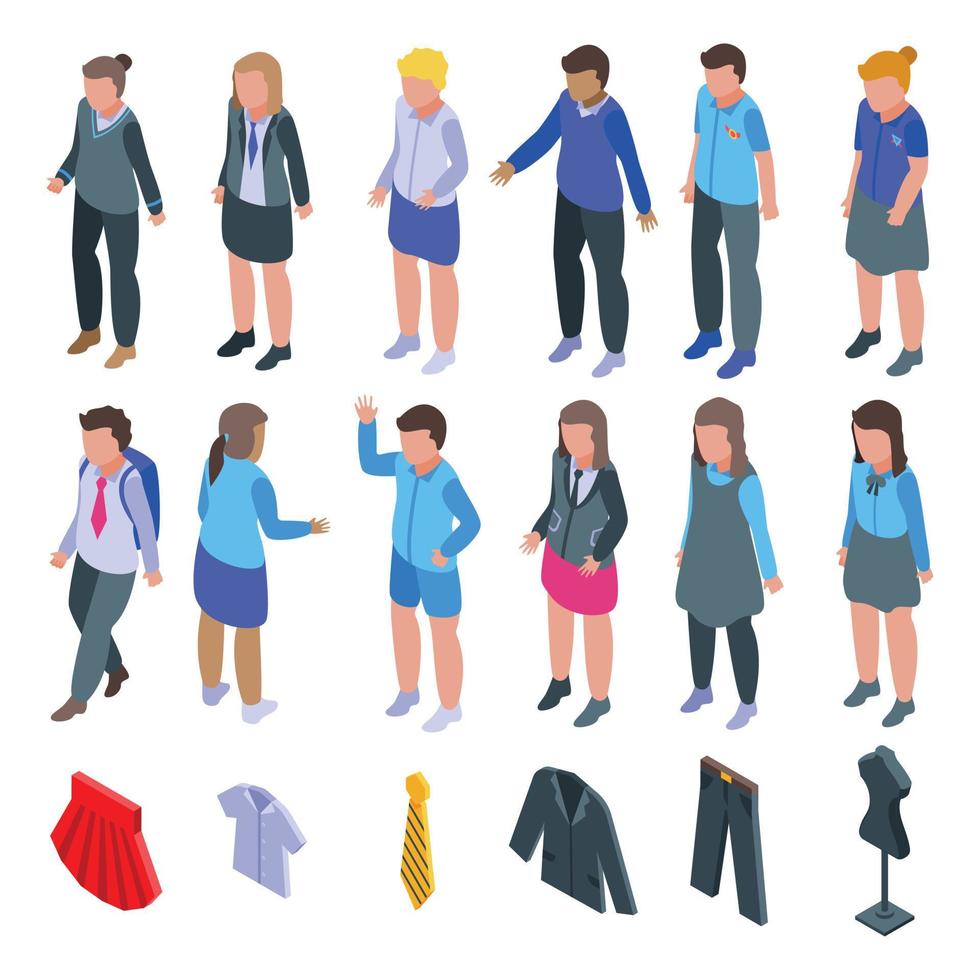 School uniform icons set, isometric style vector