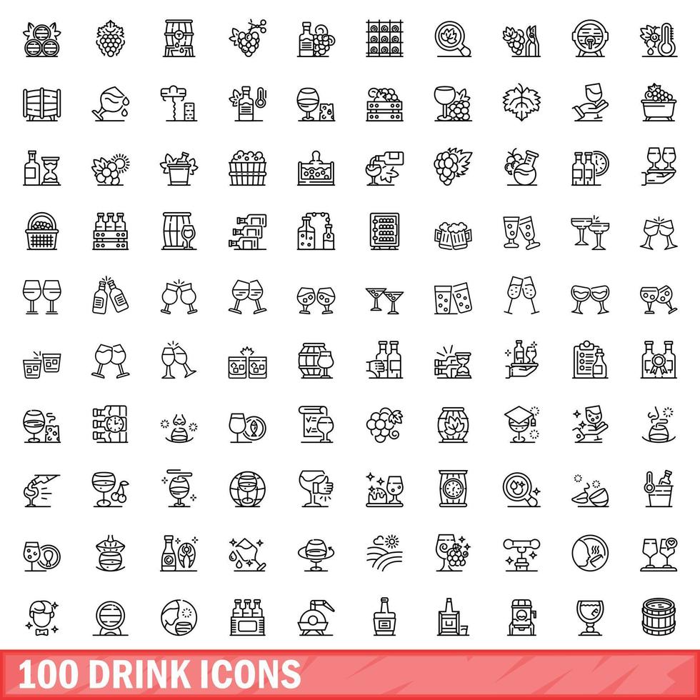 100 drink icons set, outline style vector