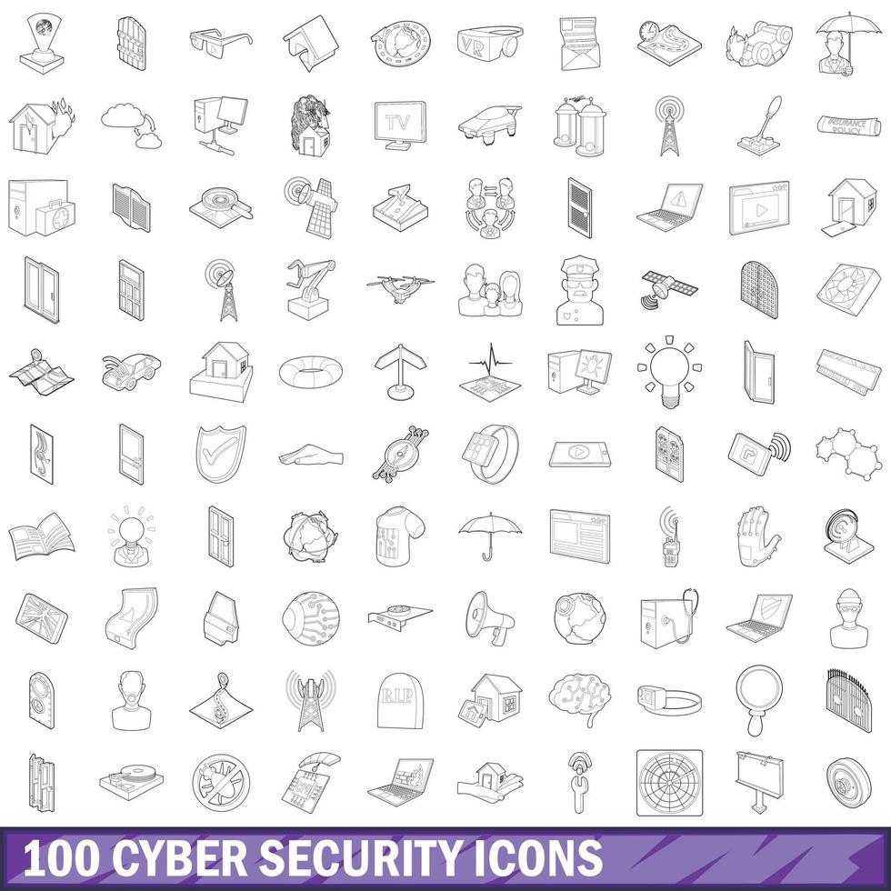 100 cyber security icons set, outline style vector