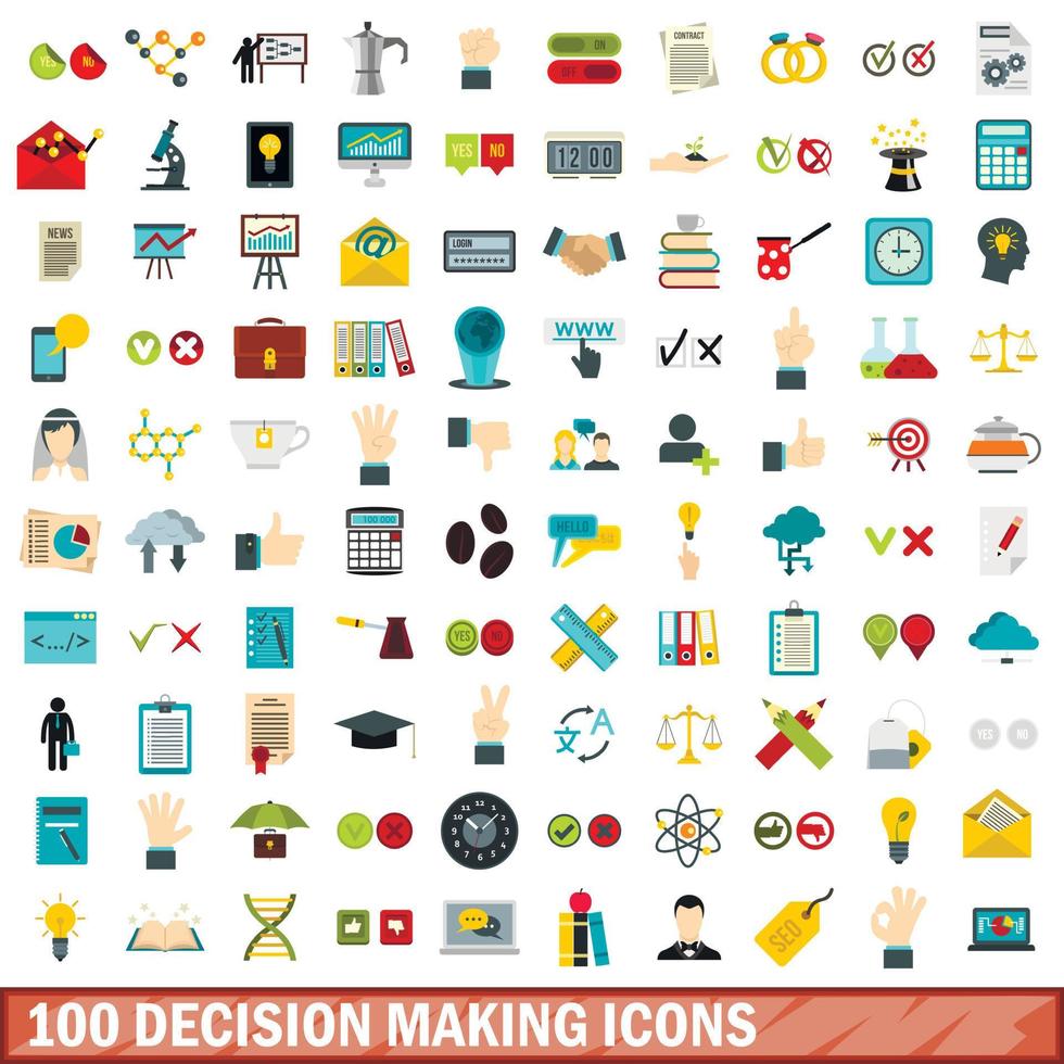 100 iconos de toma de decisiones, estilo plano vector