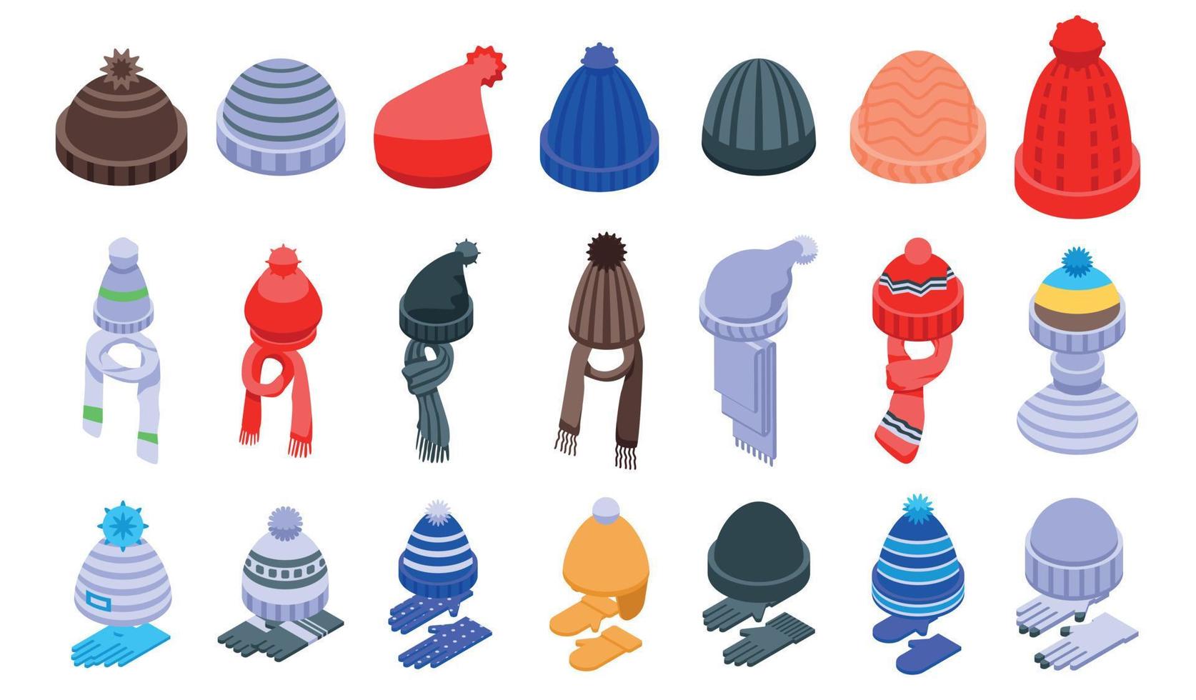 conjunto de iconos de sombreros de invierno, estilo isométrico vector