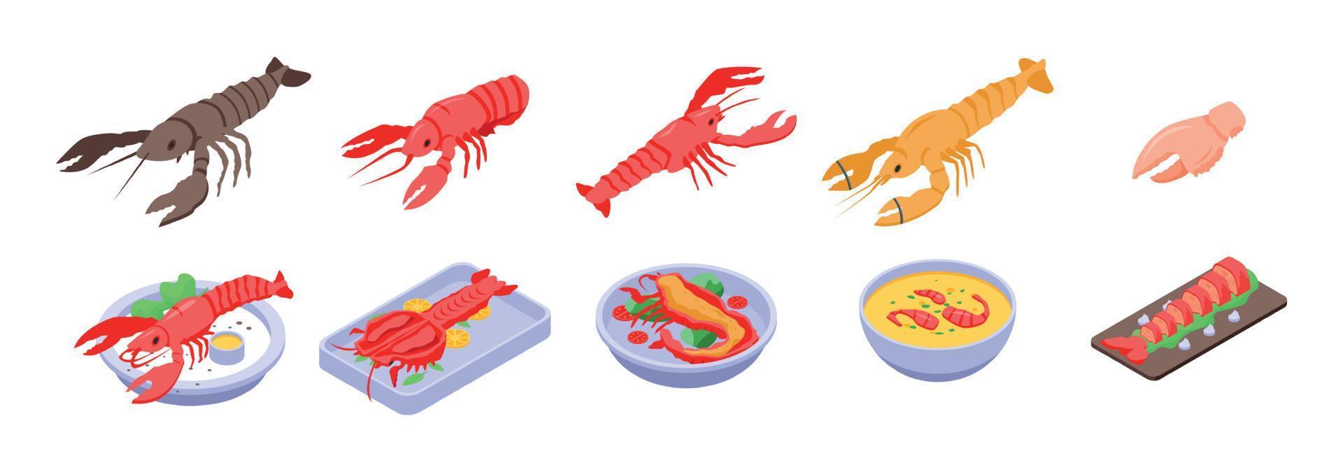 Lobster icons set, isometric style vector