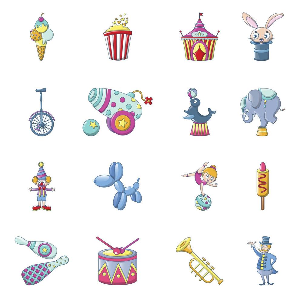 Circus fun show icons set, cartoon style vector