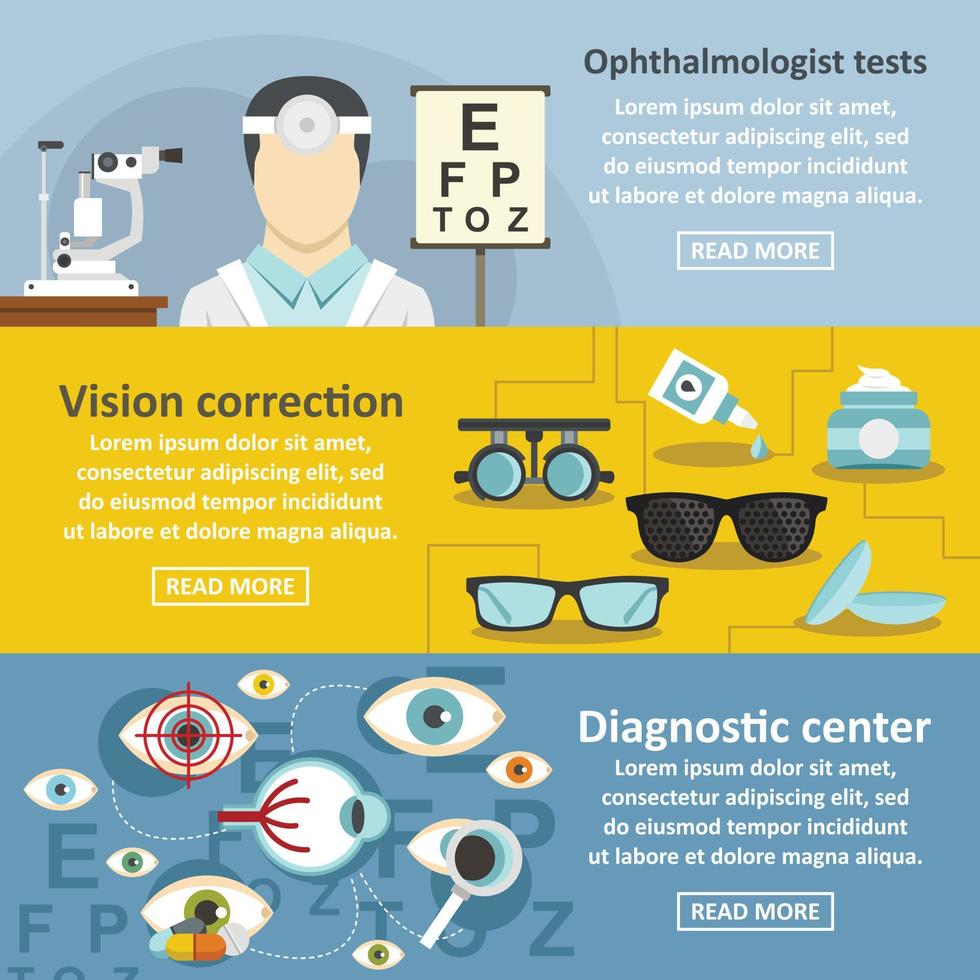Ophthalmologist banner horizontal set, flat style vector