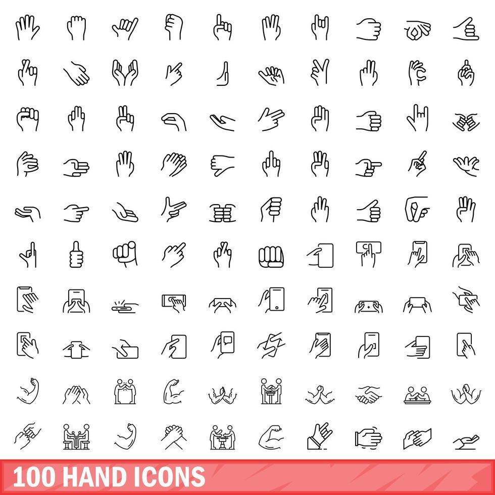 100 hand icons set, outline style vector