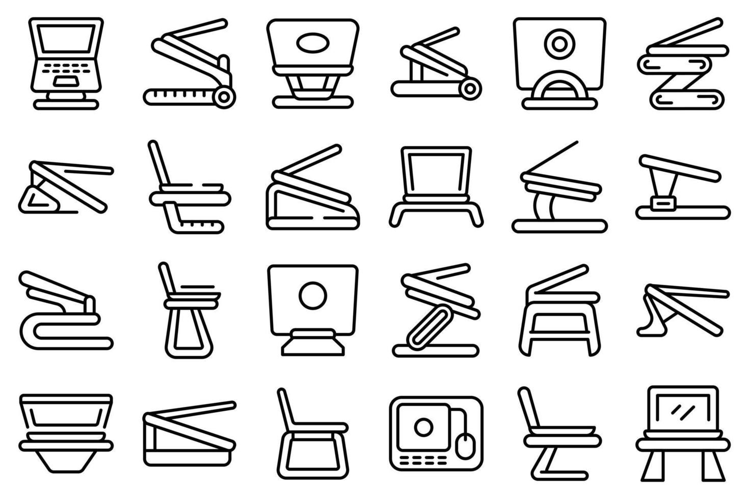 Laptop stand icons set outline vector. Compute work vector