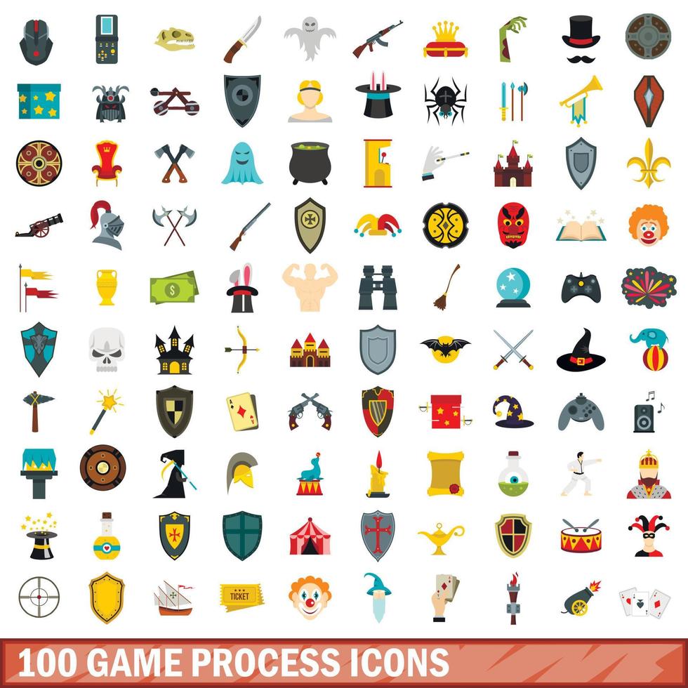 100 game process icons set, flat style vector