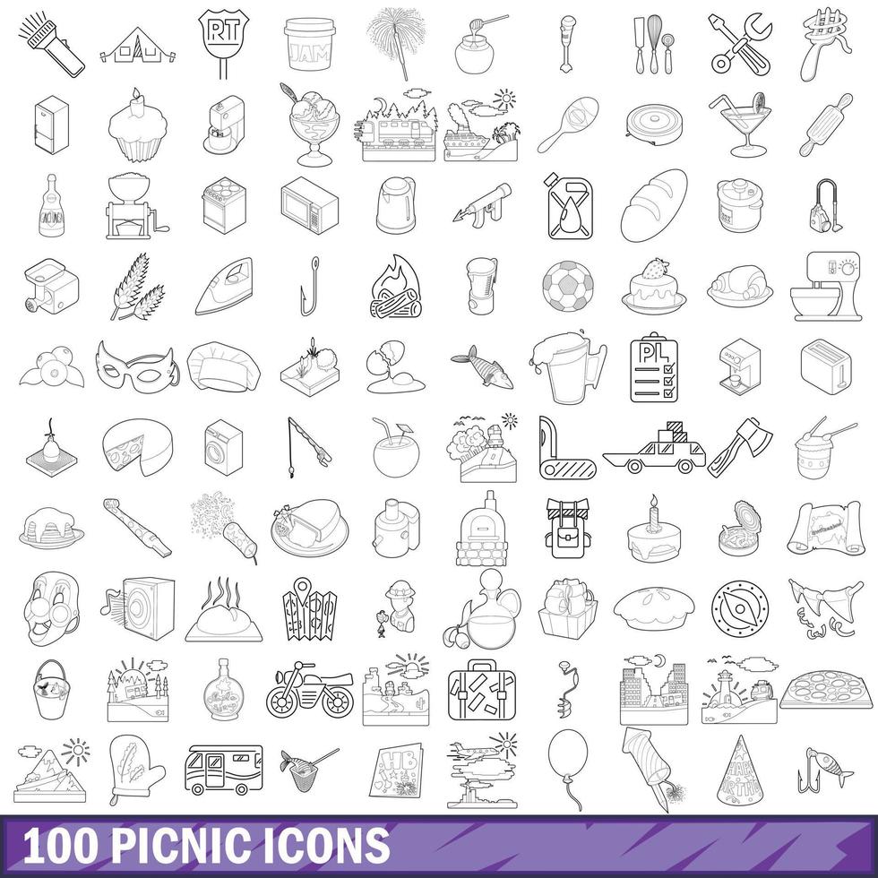 100 iconos de picnic, estilo de contorno vector