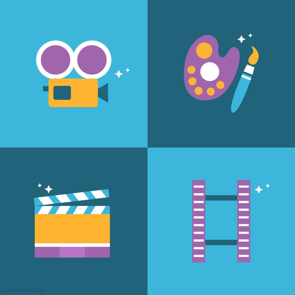 flat design illustration simple object coffee, camera, mic, and disk vector