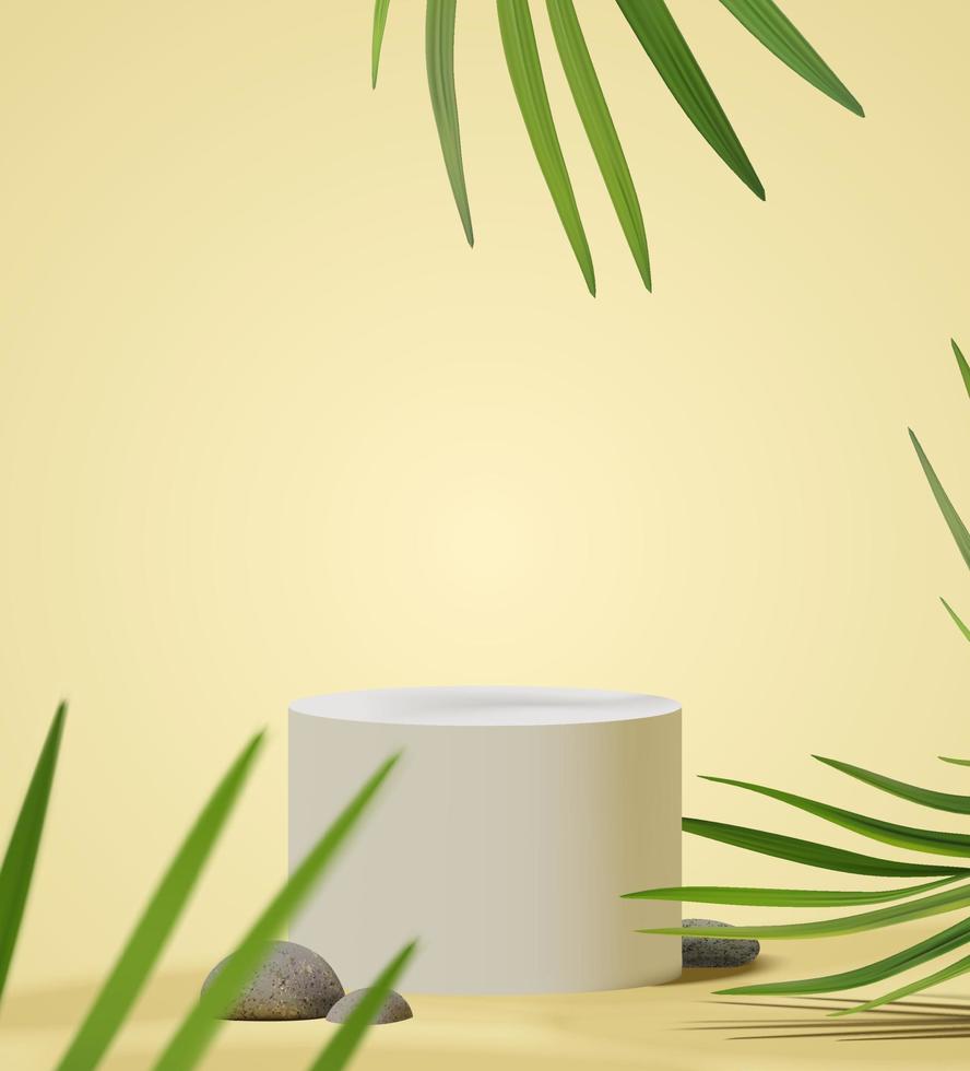 Realistic podium scene for product presentation with nature tropical palm leaf foliage vector template mockup
