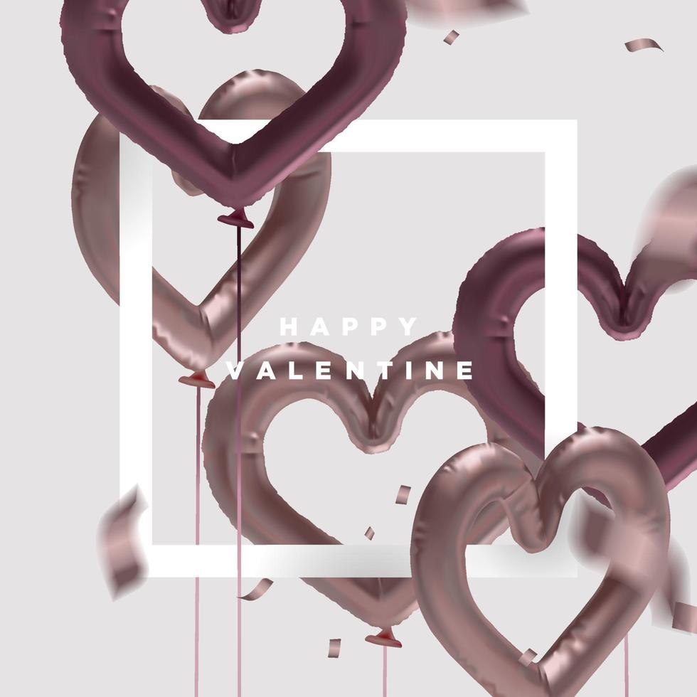 Elegant valentine's day celebration party frame vector template with heart shaped foil balloon and confetti