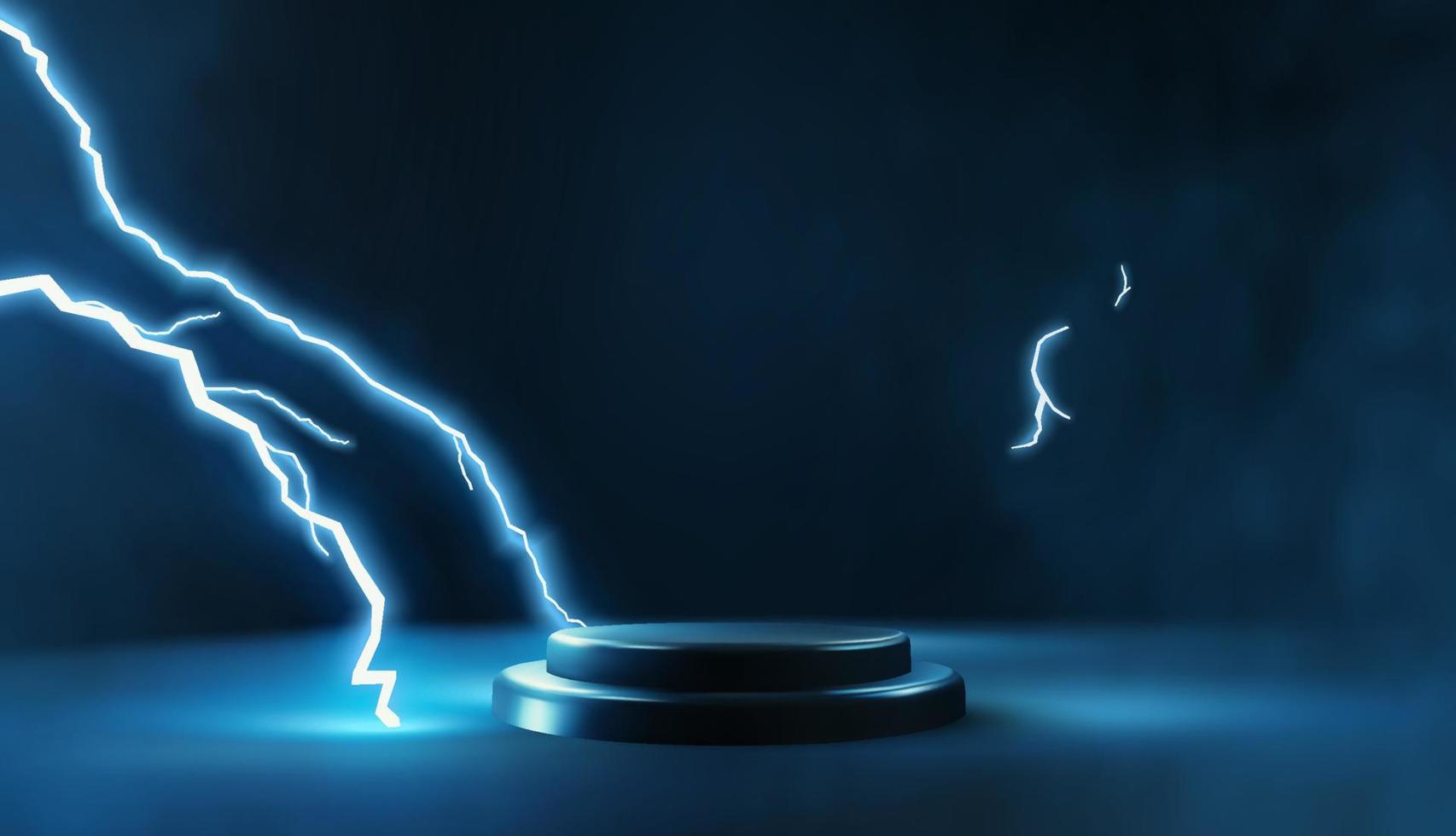 Dark empty podium scene for product presentation with blue dramatic glowing lightning strike vector