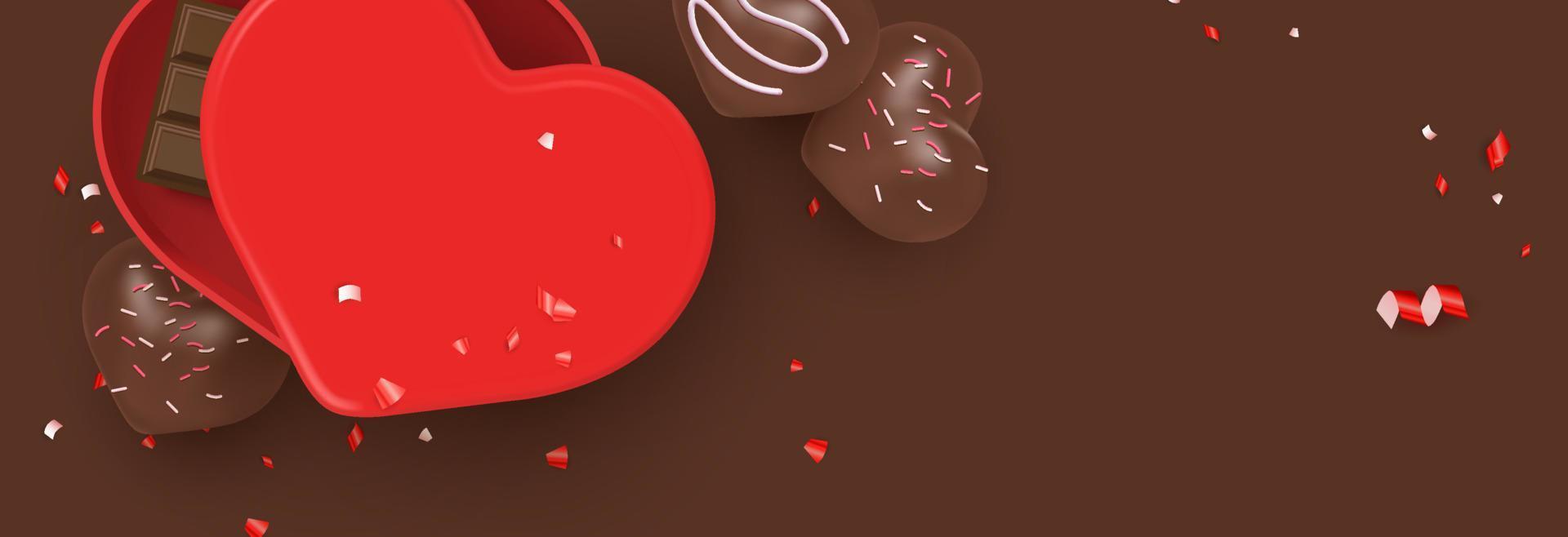 dulces de san valentín, postres, ilustración de chocolate banner de vista superior plana con plantilla de vector de espacio de copia