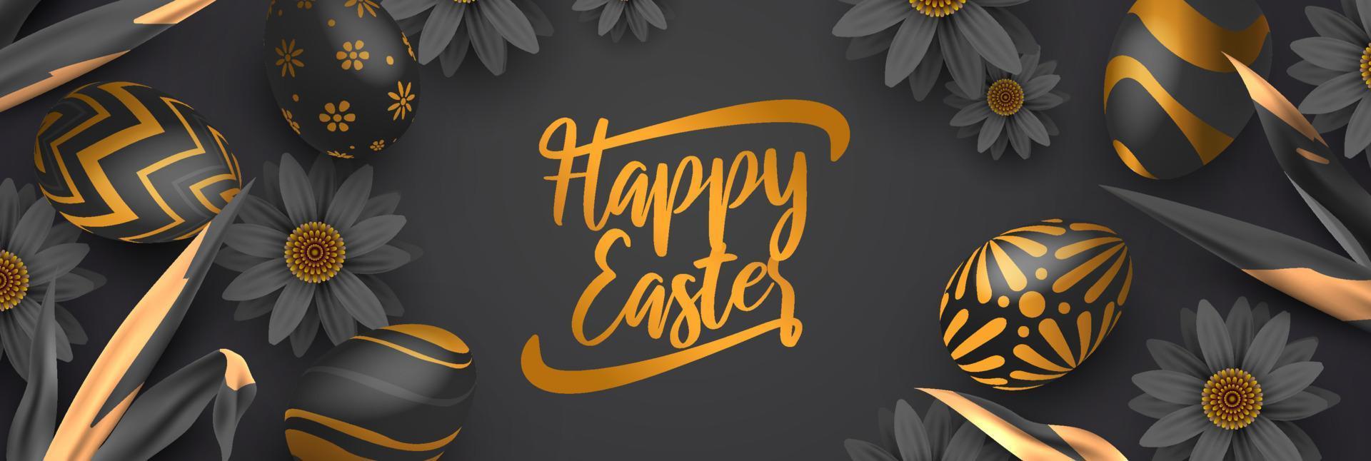 Elegant luxury black and gold happy easter celebration banner with daisy flowers and eggs vector illustration