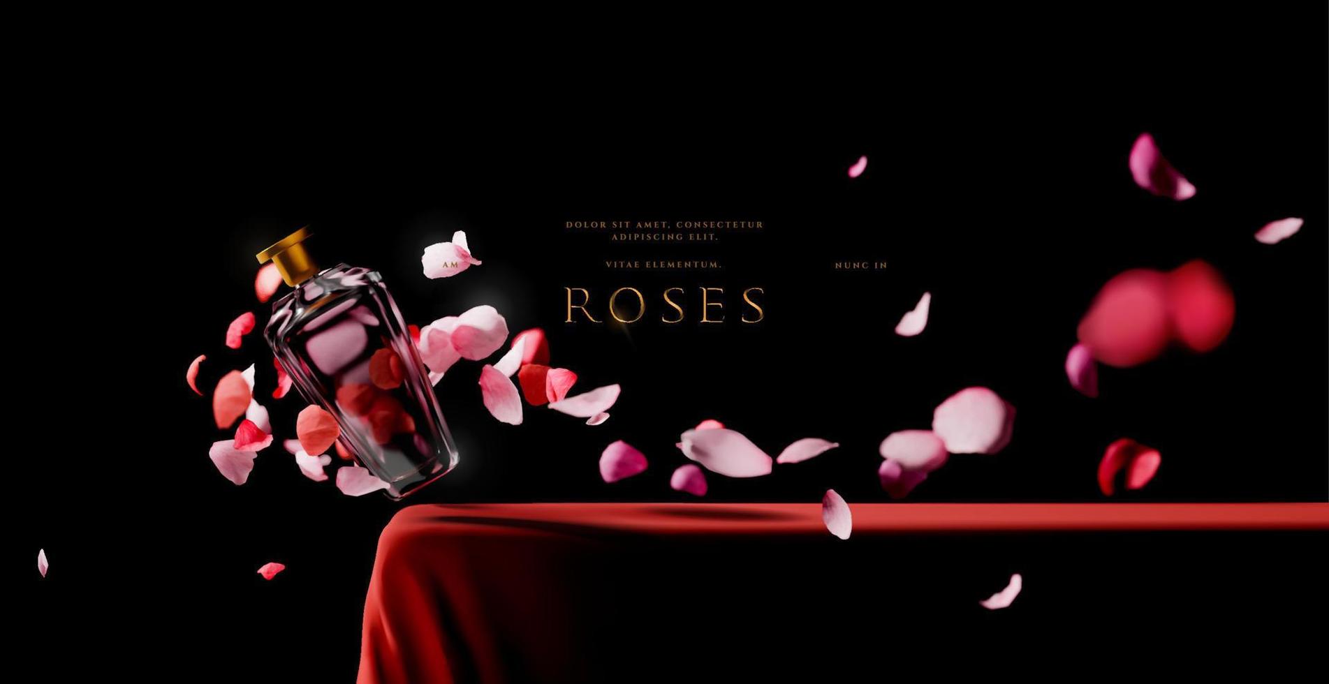 Red luxury platform or podium scene with beautiful flying rose petals. product placement realistic vector template