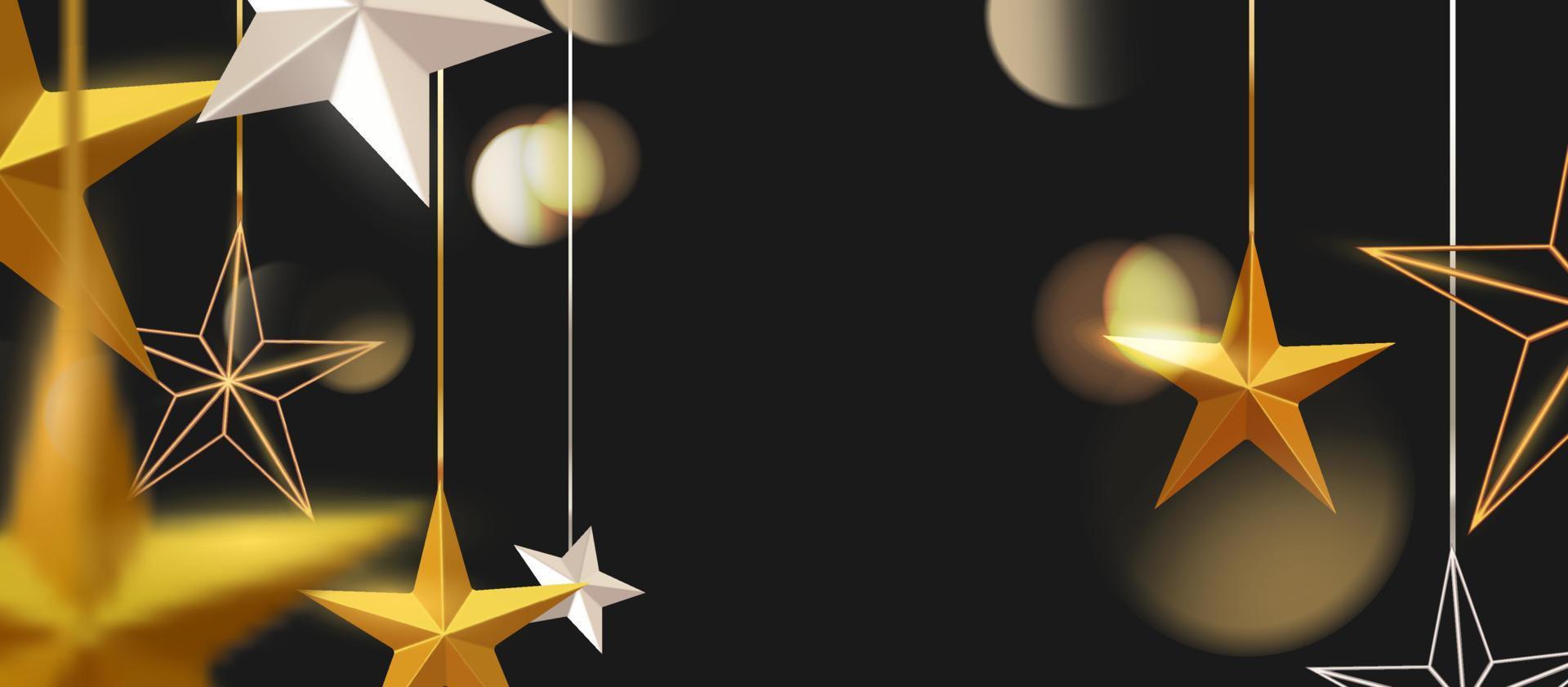 fondo de estrella de oro colgante 3d realista. banner de navidad de lujo con vector de espacio de copia