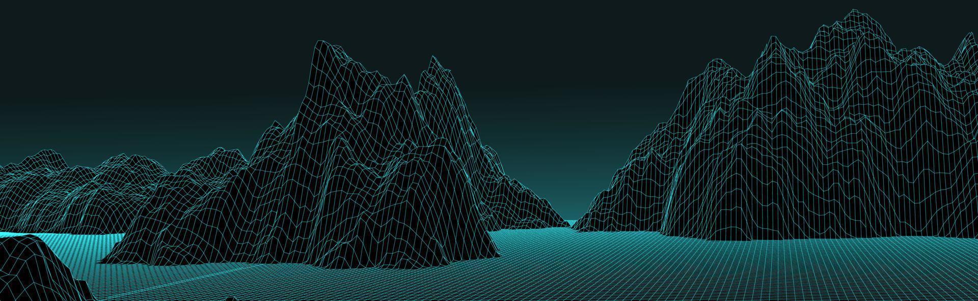 3d futuristic panoramic wireframe mountain landscape vector illustration