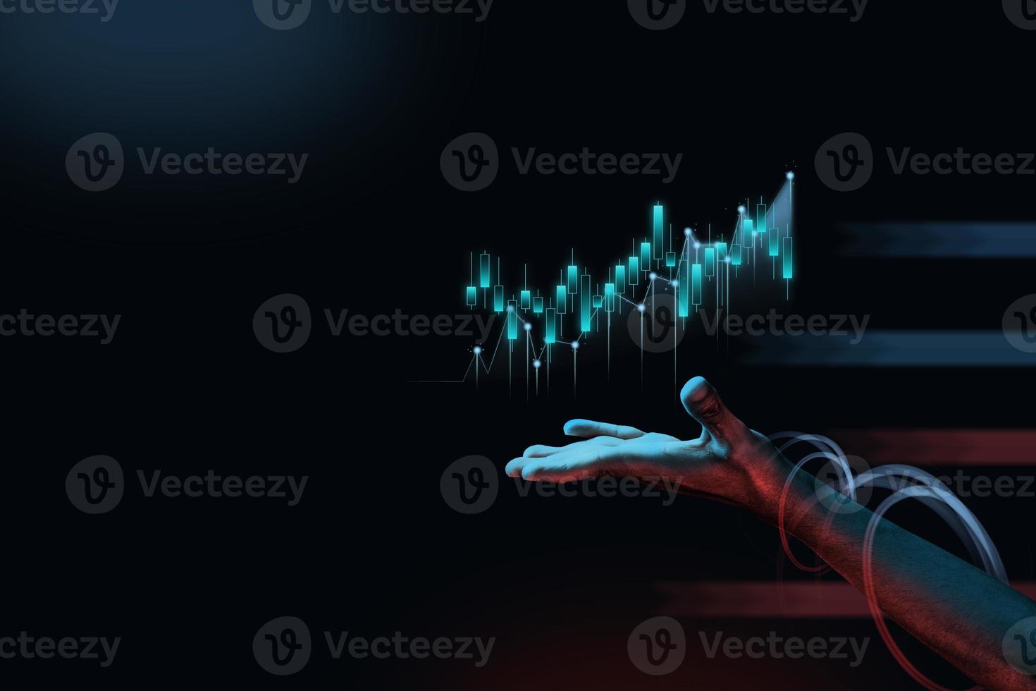 Hand with futuristic stock market  pop hologram, photo