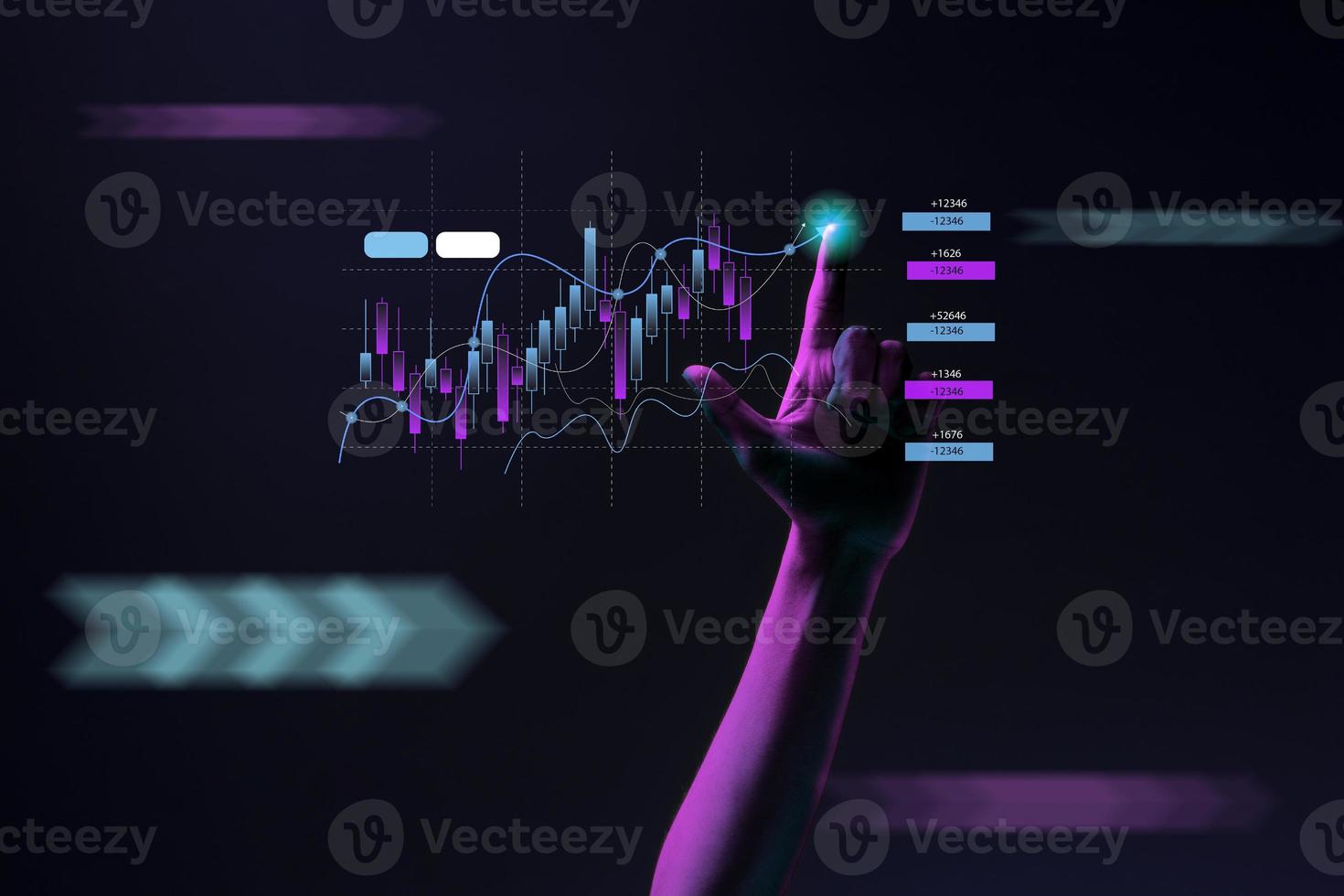 Businessman hand pointing finger to growth success finance business chart of metaverse technology financial graph investment photo
