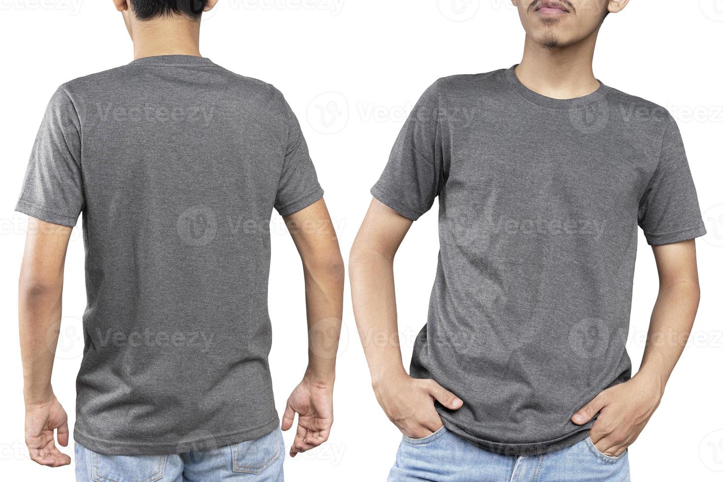 hombre vestido con una camiseta informal gris. vista frontal y trasera de una plantilla simulada para una impresión de diseño de camiseta foto