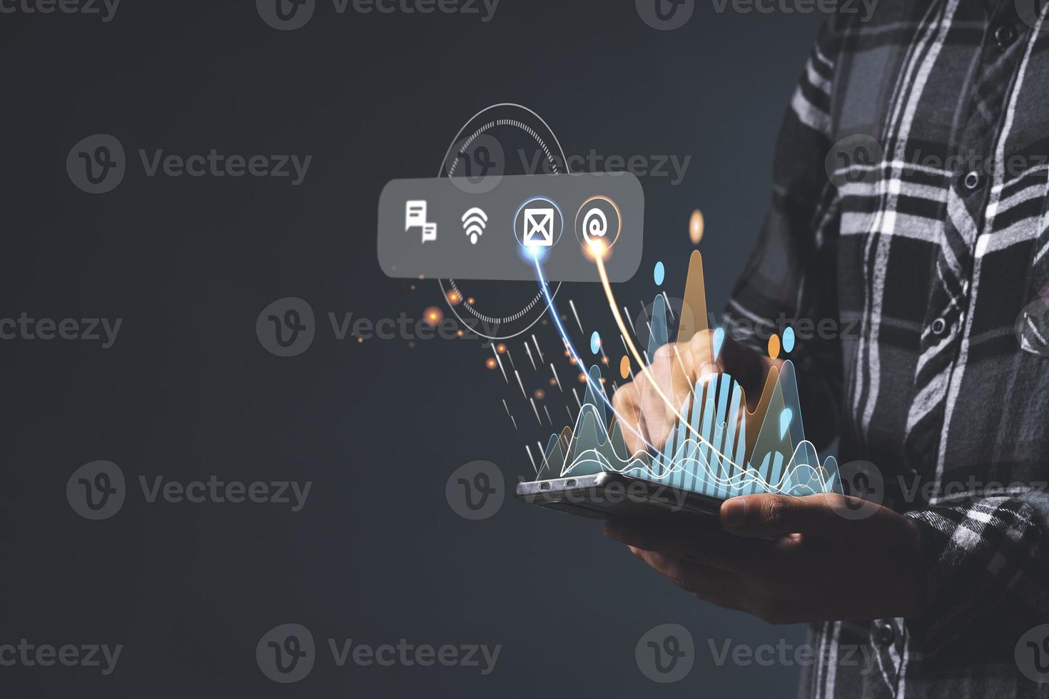 Hand holding virtual Global Internet connection metaverse. Business global internet connection application technology and digital marketing photo