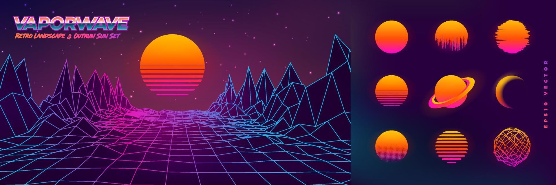 fondo futurista de retroondas de neón. terreno de montaña de paisaje de cuadrícula de baja poli retro con un conjunto de plantilla de ilustración de vector de sol brillante outrun