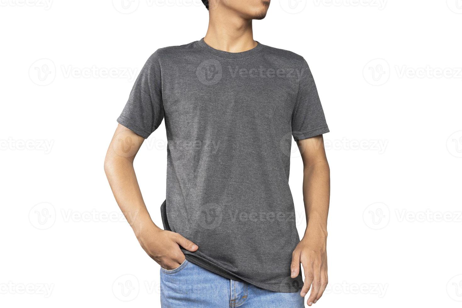 man wearing a gray casual t-shirt. Front view of a mock up template for a t-shirt design print photo