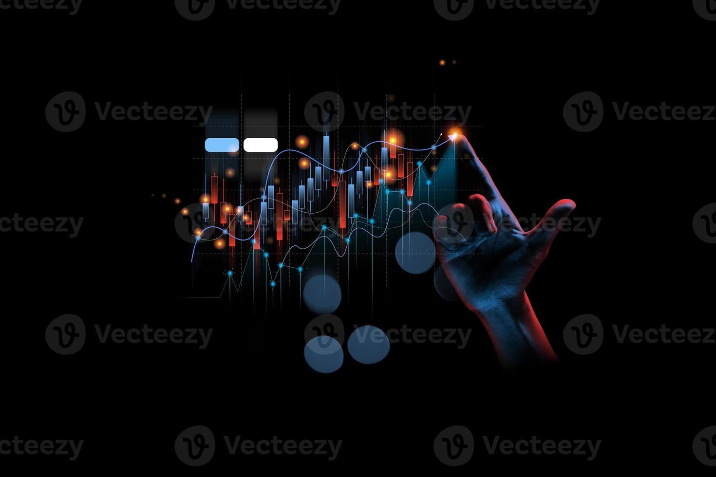 Hand with futuristic stock market  pop hologram, photo